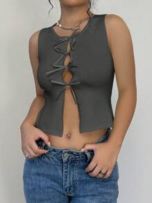 SHEIN Frenchy 1 件女士纯色圆领前系带无袖优雅针织上衣 - 深灰色 - 查看 4