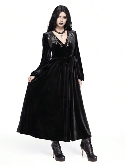 Dark Gothic Sexy Snake Vine Embroidered Deep V-Neck Velvet Long Sleeve Dress