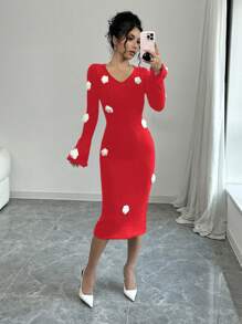Selianne Women 3D Floral Pattern Elegant Knitted Sweater Dress, Casual & Daily Wear, Autumn/Winter For New Year Clothes - Red - View 1