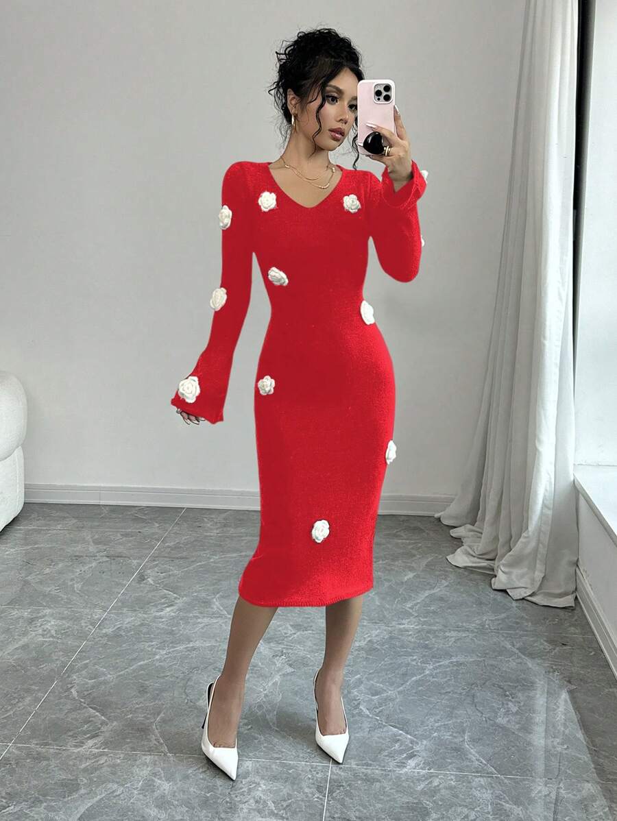 Selianne Women 3D Floral Pattern Elegant Knitted Sweater Dress, Casual & Daily Wear, Autumn/Winter For New Year Clothes - Red - View 1