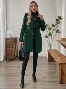SHEIN LUNE 1 件女士休闲牛角扣大衣秋季日常外套 - 墨綠色 - 查看 6