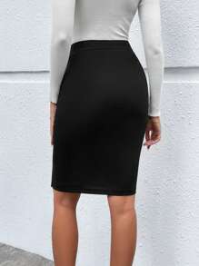 EMERY ROSE 女士简约纯色开衩铅笔裙 - 黑色 - 查看 2