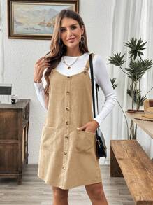 SHEIN LUNE Brown Corduroy Overall Dress For Women With Pockets - Apricot - View 6