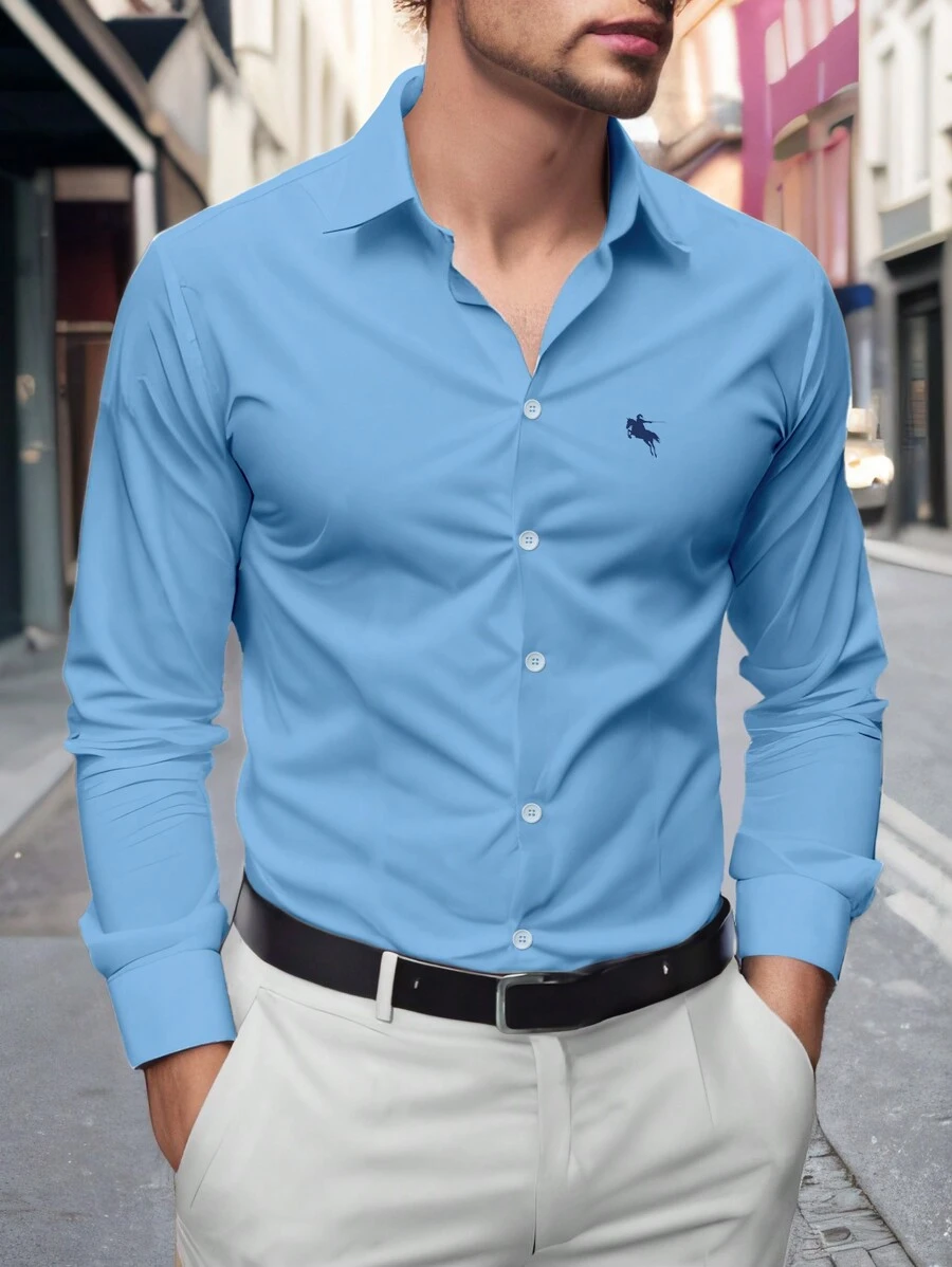Manfinity Mode Men's Front Button Long Sleeve Shirt Collar Minimalist Top, Casual Everyday Wear, For Fall - Blue - View 1