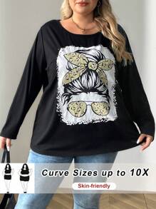 SHEIN CURVE+ Áo thun dài tay in hình nhân vật hoạt hình cỡ lớn cho nữ, Xuân Thu - màu đen - Xem 1