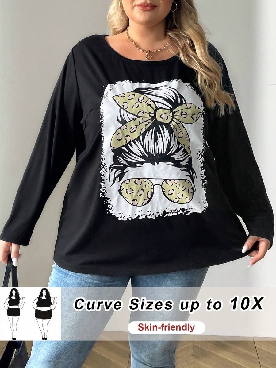 SHEIN CURVE+ Áo thun dài tay in hình nhân vật hoạt hình cỡ lớn cho nữ, Xuân Thu - màu đen - Xem 1