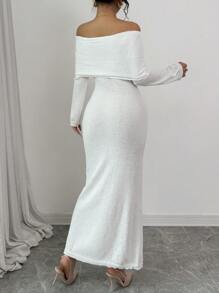 SHEIN Unity 1pc Women Open Shoulder Long Sleeve Fitted Dress, Princess Style Sweater Dress, Autumn/Winter - White - View 2