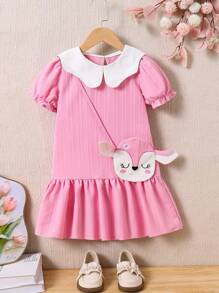 SHEIN Young Girl'Cool Kid Vertical Striped Pink Casual Dress,Summer Fairy Style With White Collar,Cartoon Bag Decor,Soft Fabric For Family Matching Wear - Hot Pink - View 1