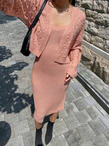 Chiquease Conjunto de 2 piezas con chaqueta corta y vestido de punto de tirantes para mujer, unicolor, para otoño/invierno