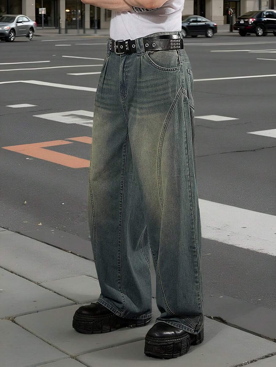 SHEIN Quần jean ống đứng rộng rãi, thoải mái, cổ điển, thường ngày cho bé trai, trang phục thường ngày và quần áo thu đông cho bé trai tuổi teen - Màu xanh lam - Xem 1