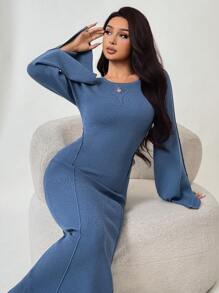 Modelyn Women Elegant Solid Color Split Flare Sleeve Fitted Ribbed Knit Sweater Dress