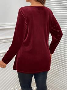 SHEIN Clasi 女式加大码优雅纯色扭结开衩下摆 T 恤，秋季 - 酒紅色 - 查看 2