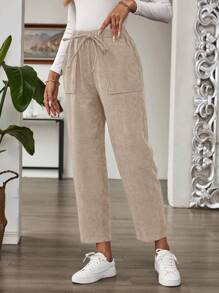 EMERY ROSE Quần dài nhung kẻ ống đứng tự buộc eo thường ngày cho nữ, mùa thu - Màu be - Xem 4