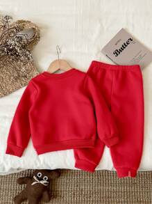 SHEIN Leap Crew Bộ 2 món áo nỉ chui đầu mềm mại và quần dài dáng rộng cho bé gái, phù hợp cho mùa thu/đông - Đỏ - Xem 2