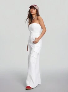 SHEIN ICON 女士白色牛仔連身褲無肩帶工作服寬腿褲街頭服裝 - 白色 - 查看 3