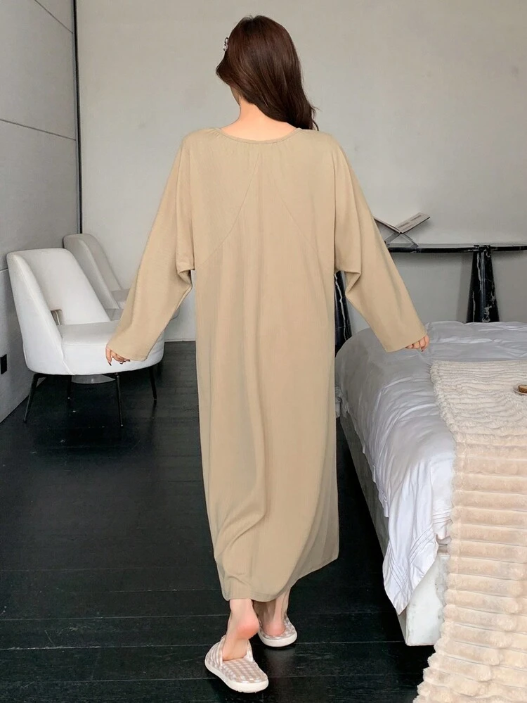 Women Simple Striped Textured Neck Ruched Design Casual Dress Pajama