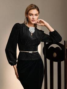 MOTF PREMIUM PUFF SLEEVE RHINESTONE STEREO FLOWER DETAIL BLOUSE WITHOUT BELT - Black - View 4