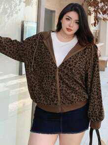 Dazy Plus Plus Size Women Casual Leopard Print Drawstring Hooded Loose Front Zip Up Sweatshirt, Autumn,Fall Women Clothes Jacket