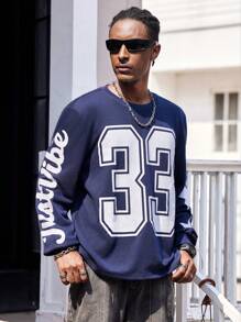 Manfinity Dauomo Men's Casual Letter Numeral Printed Pullover Sweatshirt, For Autumn - Blue - View 1