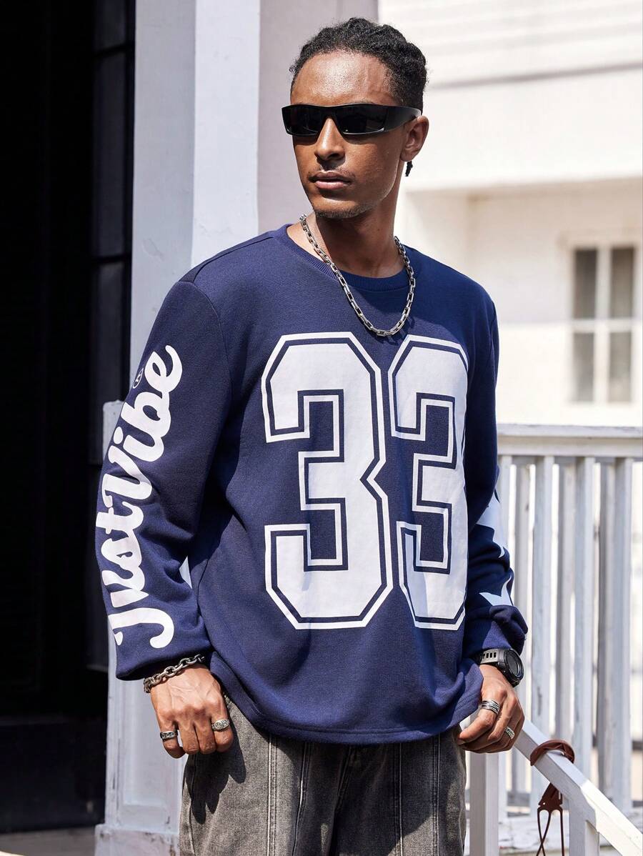 Manfinity Dauomo Men's Casual Letter Numeral Printed Pullover Sweatshirt, For Autumn - Blue - View 1