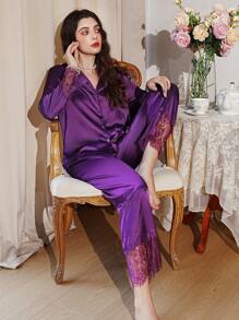 Eyelash Lace Panel Satin PJ Set / Pajama Set Holiday Season - Red Violet - View 1