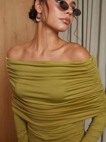 COSMINA 1 件女式秋季优雅褶皱露肩修身长袖上衣 - 卡其色 - 查看 4