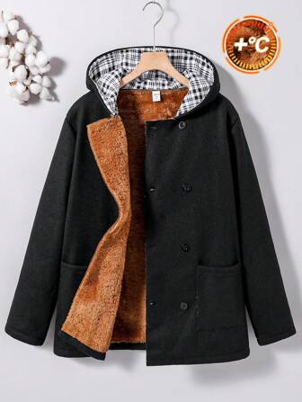 Teen Boy Fleece Hooded Double-Breasted Long Sleeve Overcoat, Winter