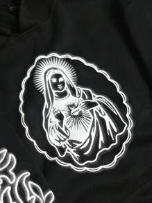 PAVTROS Áo hoodie dáng rộng in hình Đức mẹ đồng trinh Mary phong cách đường phố giản dị cho nam, áo hoodie dài tay họa tiết mùa thu, quà tặng cho bạn bè, chồng, bạn trai - màu đen - Xem 4