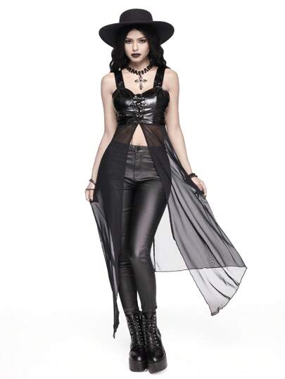 Gothic Style Mesh Contrast Asymmetric Hem Front Tie Corset Tops For Women