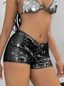 SHEIN ICON Women Y2K Music Festival Summer Low-Rise Sparkly Fashionable Party Clubwear Shorts - Black - View 4