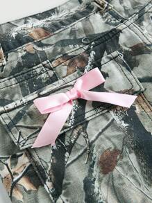 ROMWE Kawaii Y2K Streetwear 迷彩印花蝴蝶结低腰阔腿女式牛仔裤