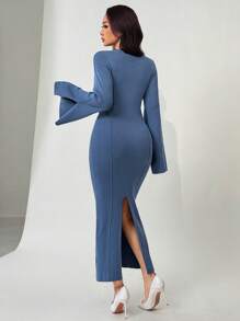 Modelyn Women Elegant Solid Color Split Flare Sleeve Fitted Ribbed Knit Sweater Dress
