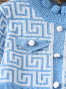 SHEIN Young Girl Blue & White Round Neck Knit Sweater Dress, Suitable For Parties And Gatherings, Autumn/Winter