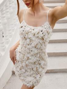 Aveloria Rosie Vestido de fiesta mini con tirantes finos, adornado con plumas y lentejuelas, para mujer, apto para otoño/invierno