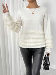 SHEIN LUNE Women Casual Solid Color Patchwork Fluffy Dropped Shoulder Loose Pullover Sweater