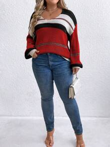 SHEIN LUNE Plus Size Casual Color Blocking Striped Dropped Shoulder Sweater, Autumn/Winter Knit Pullover Fall Outfit