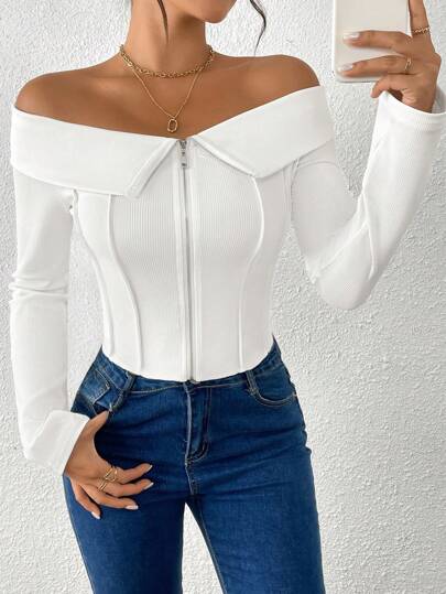 Chiquease New Stylish Waist Cinched Short Off Shoulder Zip-Up Decorated Blouse For Women Fall Cloth For Women