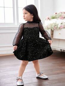 Baby Girl Elegant Cute Black Mesh Contrast Sequin Long Sleeve Knitted Dress New Years Outfit - Black - View 4