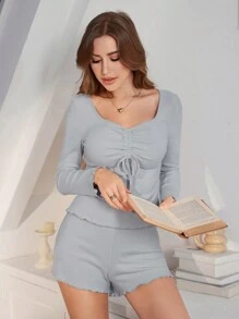 1 Set Women Casual Solid Color Sweetheart Neck Long Sleeve Top And Shorts Sleepwear