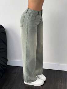 Jeanoix 休闲洗水低腰直筒牛仔裤 - 綠色 - 查看 5