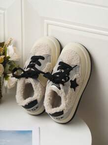 冬季防滑星星印花保暖毛绒内衬低帮儿童运动鞋 - 米色 - 查看 4