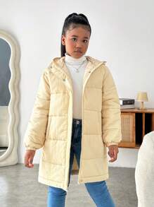 SHEIN Tween Girls Casual Hooded Mid-Length Thick Warm Jacket, Autumn/Winter - Pink - View 4