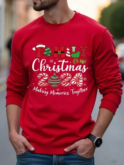 Manfinity 1 bucată pentru bărbați, la modă, ocazional, slogan și ornament de Crăciun, hanorac cu gât rotund, fleece, potrivit pentru petrecerea de familie și cadou de Crăciun