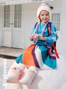 SHEIN 2 Pieces Young Girl' Two Pieces Suit, Round-Neck Long-Sleeved Star Sweatshirt With Interesting Design Striped Skirt, Girls Can Wear Two Pieces Suits In All Seasons, Suitable For City Play, Daily Wear, Partying, School And Other Scenes - Multicolor - View 1