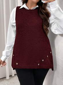 EMERY ROSE Plus Size Casual Solid Solid Color Pullover Mouwloos Knoopdetail Achterkant Trekkoord Los Hoog Laag Sweater Vest Herfst Dames Sweater Vesten,Western Dameskleding,Winter Sweater Vesten