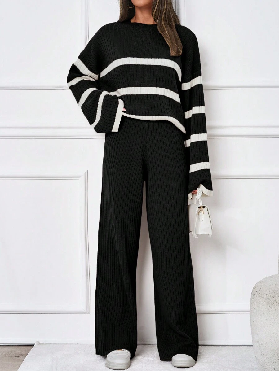SHEIN Tall Women's Striped Drop Shoulder Sweater Two Piece Set - Black and White - View 1