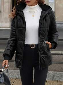 SHEIN Clasi Manteau court matelassé et chaud avec doublure thermique pour femmes, automne/hiver