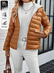 SHEIN LUNE Women Down& Feathers With Fluffy Hood, Casual Autumn/Winter Coat - Brown - View 2