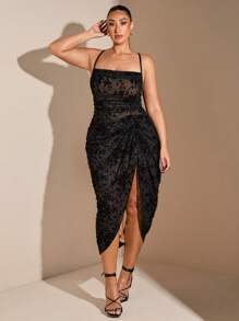 SHEIN BAE Plus Size Women's Elegant Flocking Graceful Midi Pleated Dress Suitable For Daily Date,Valentine's Day, Lace, Minimalism,Women Party Wear,Occasion Dress, Fall,Tulle Dress,Curve,Elegant, Cocktail Dress, Party, Night Out, Pleated, Slit, Sexy, Suspender Dress, Birthday Party, Holiday,Long Skirt,Afternoon Tea, Evening Dress, For Winter,Party Dress - Black - View 1