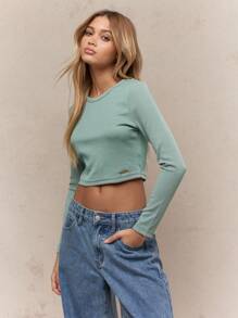 MISSGUIDED Áo crop top tay dài có gân Ngày lễ Thánh Patrick Áo len dệt kim bó sát màu xanh bạc hà thường ngày cho tiệc lễ hội mùa xuân của Ireland - Màu xanh lá cây đậm - Xem 1